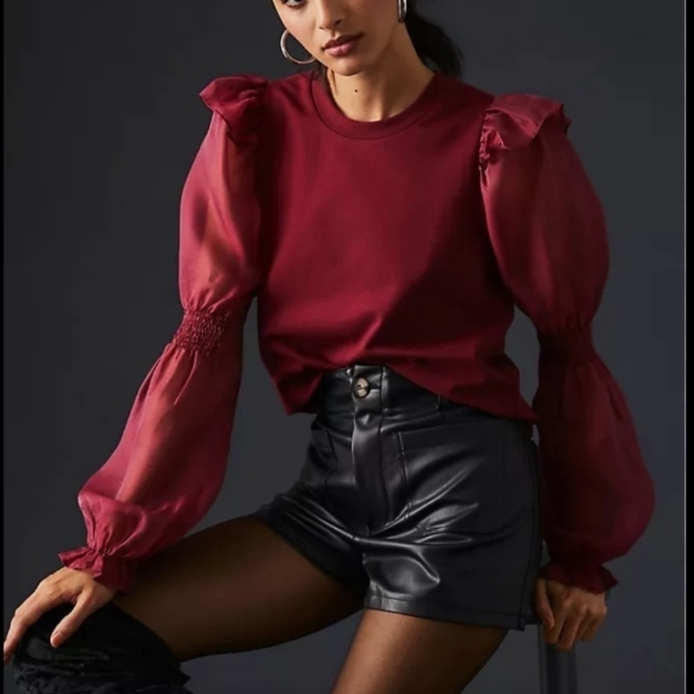 Anthropologie Burgundy Blouse with Puff Sleeves